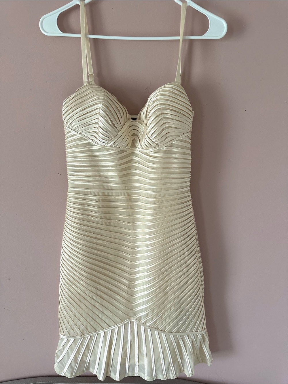 Bebe Ivory Pleated Textured Bodycon Dress with Spaghetti Straps Ruffle Bottom